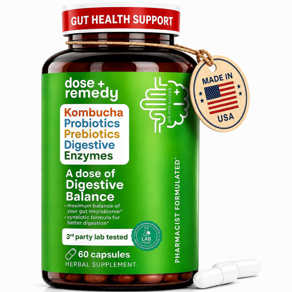 dose + remedy Digestive Balance Kombucha Probiotic Capsules - 60 Count