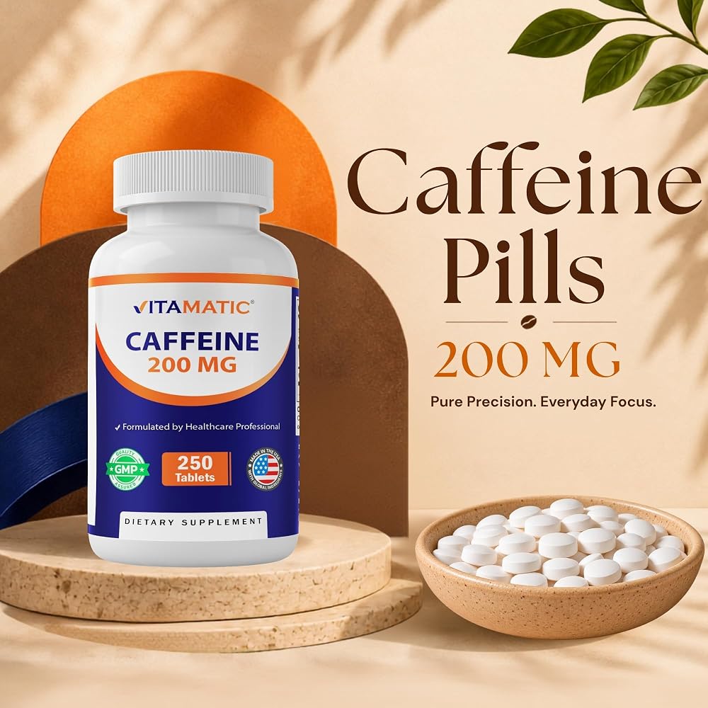 Vitamatic Caffeine Pills 200mg per Serving, 250 Vegetarian Tablets