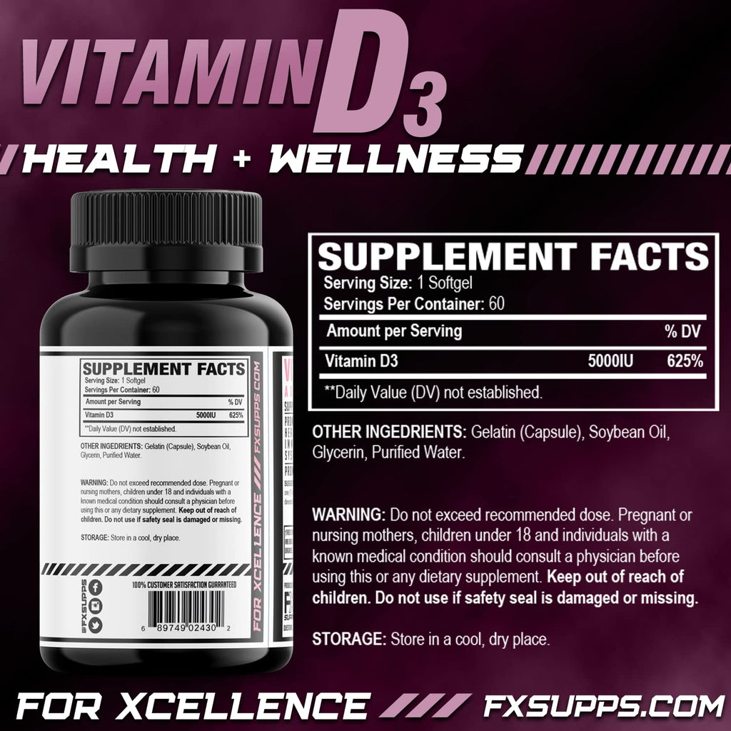 FXSUPPS Vitamin D3 5000 IU Bone & Heart Health - 60 Softgels - image 2