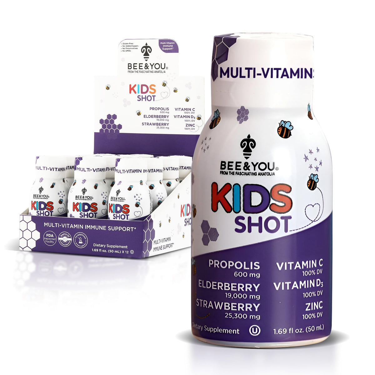 BEE & YOU Kids Immune Support Supplement Propolis Shot - 12 Pack