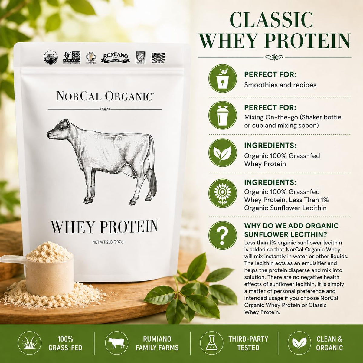 NorCal Organic Natural Grass Fed Whey Protein Powder