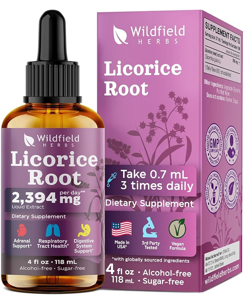 WILDFIELD HERBS 4 Oz Licorice Root Extract Liquid Drops - Digestive, Lung & Skin Support | 2 Month Supply | - Made in USA - Licorice Root Supplement - Alcohol & Sugar Free