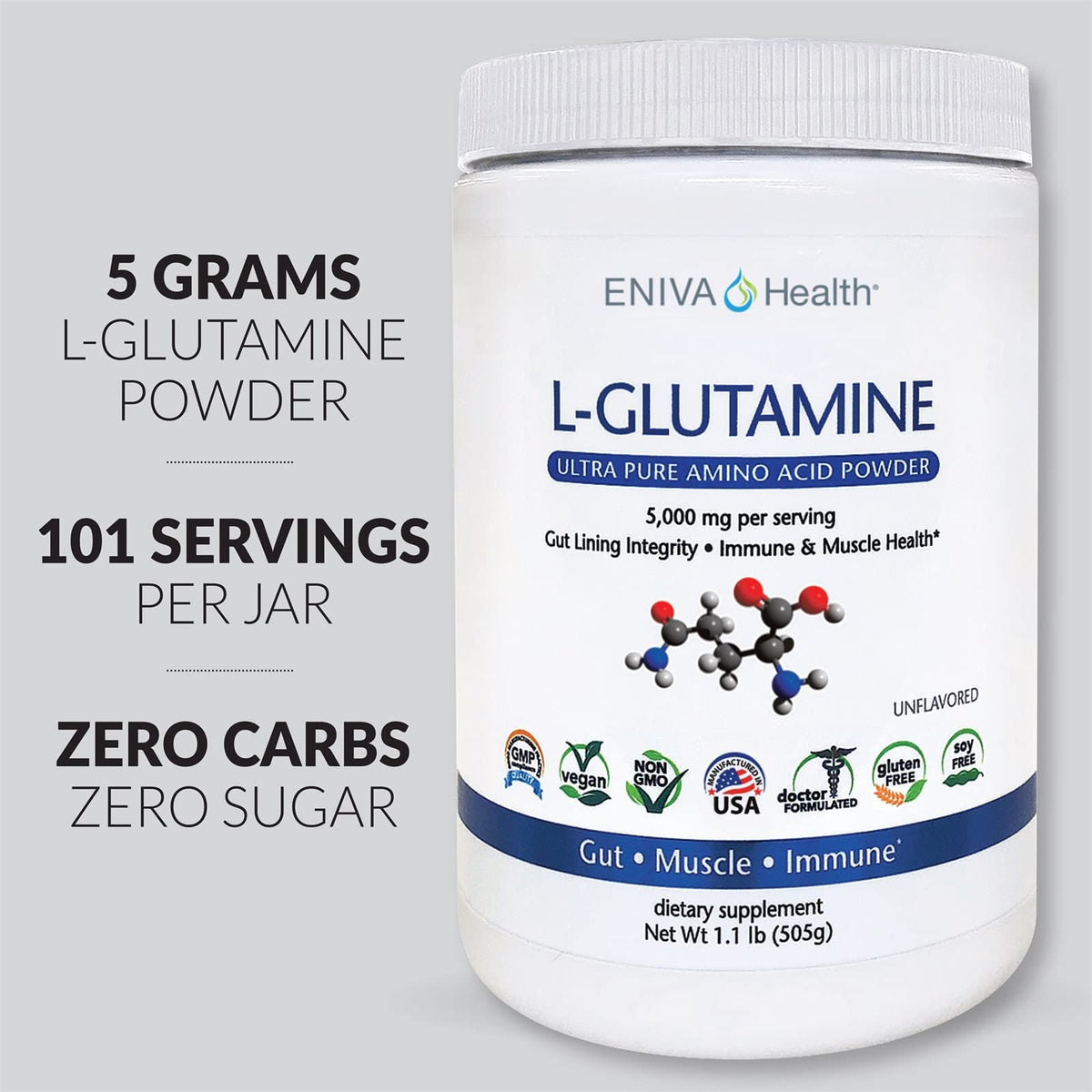 Eniva L-Glutamine Pure Powder Gut Health - 101 Servings - image 5