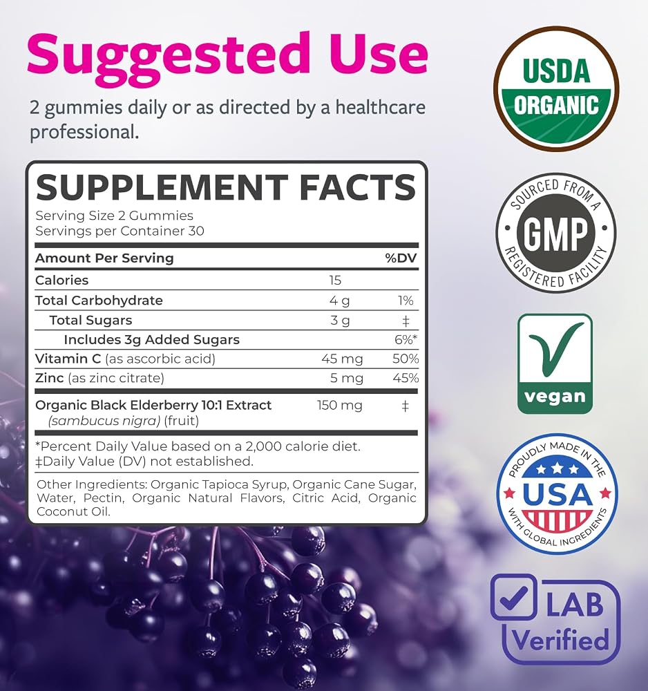 PURE CO Organic Elderberry for Adults - Vegan Sambucus Elderberry