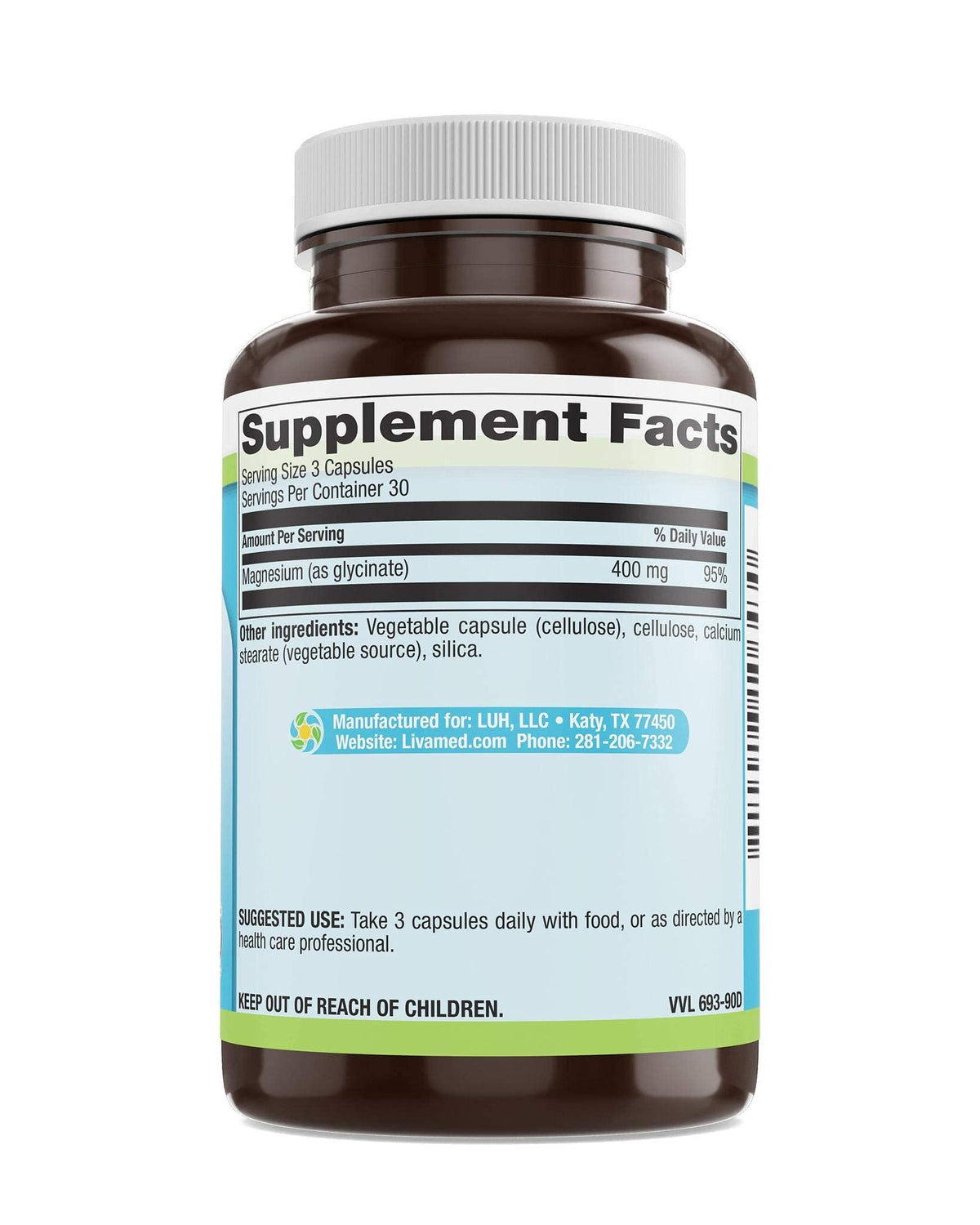 Livamed Magnesium Glycinate 400 mg - 90 Vegetarian Capsules - image 5