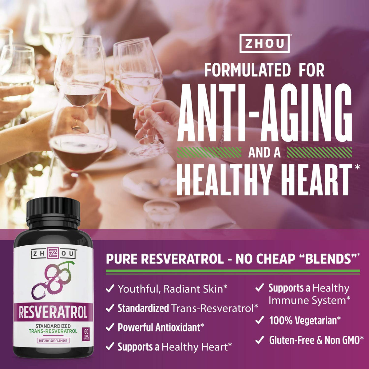 ZHOU Resveratrol 1000mg Heart Health - 60 Vegetarian Capsules - image 2
