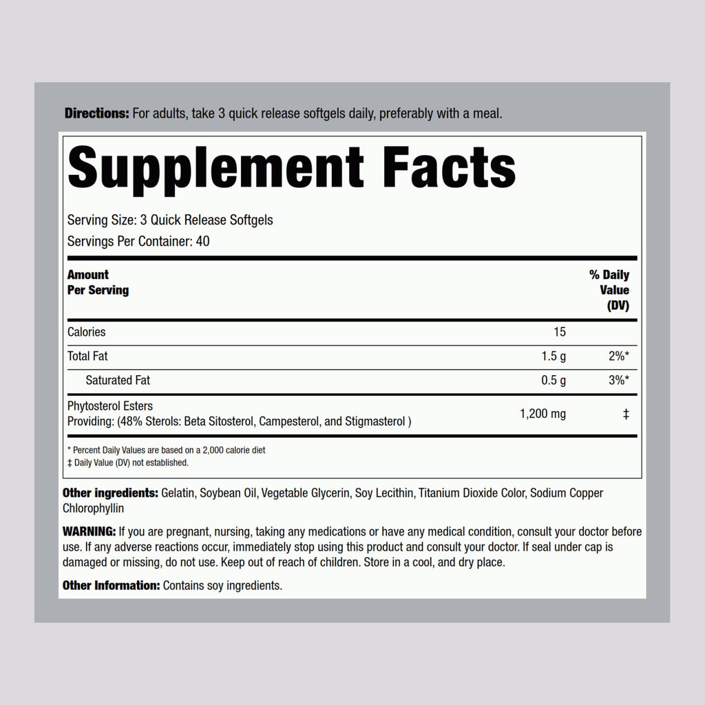 Piping Rock Plant Sterols Supplement 1200 mg - 120 Softgels - image 2