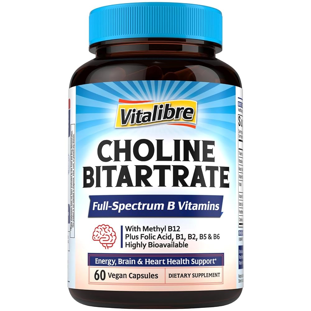 Vitalibre Choline Bitartrate 300mg with B Vitamins - 60 Vegan Capsules