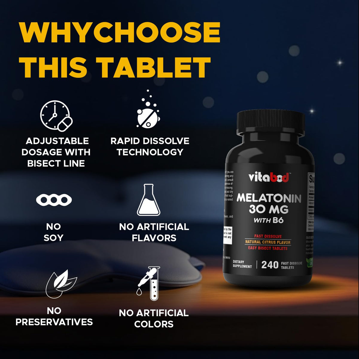 Vitabod Melatonin 30 mg with Vitamin B6 - 240 Tablets - image 4