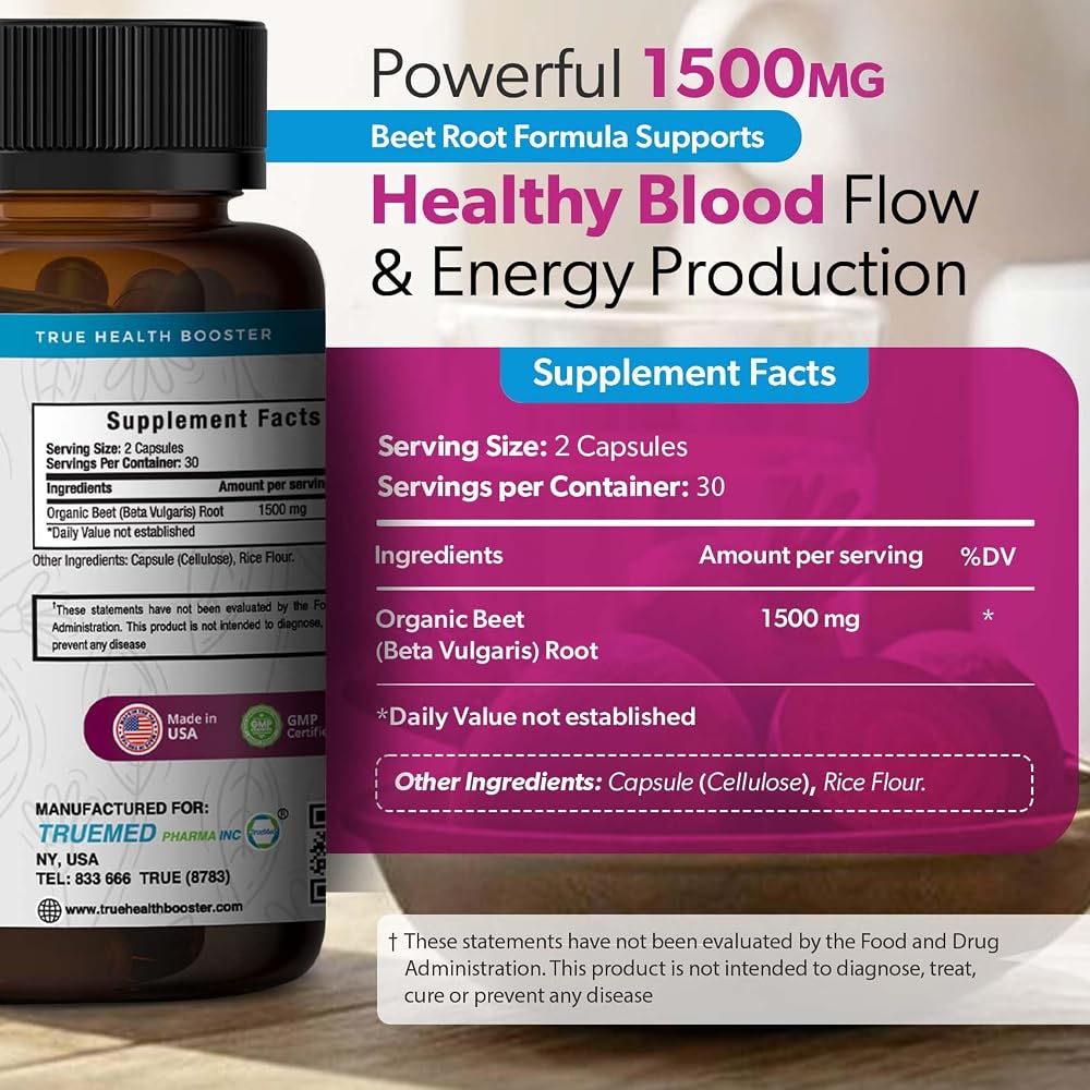 TRUEMED Organic Beet Root Capsules 1500mg Circulation Support - 60 Count - image 5
