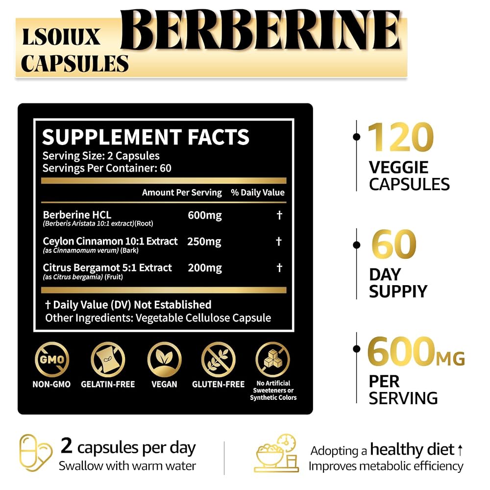 LSOIUX Berberine Supplement with Ceylon Cinnamon & Bergamot - 120 Capsules - image 4