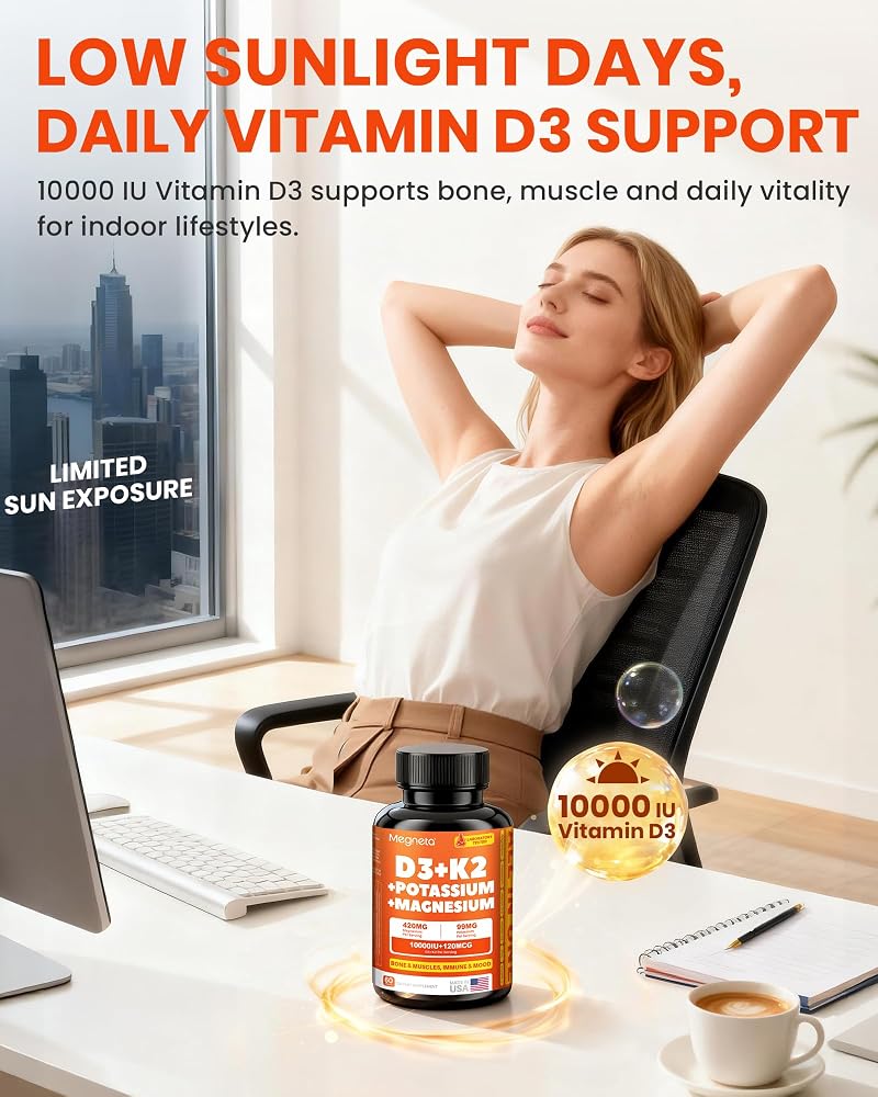 MEGNETA Vitamin D3 K2 MK-7 10000 IU with Magnesium - 60 Capsules - image 5