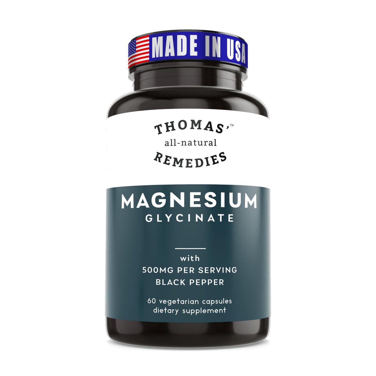 Thomas' All-Natural Magnesium Glycinate 500mg - 60 Vegetarian Capsules