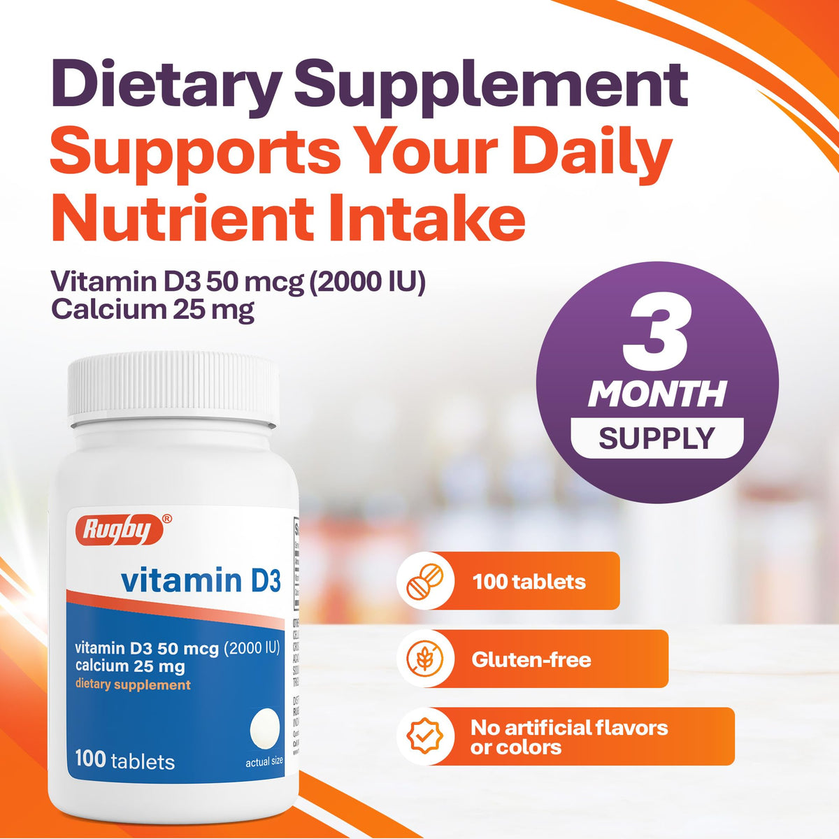 Rugby Vitamin D3 2000 IU with Calcium - 100 Tablets - image 4