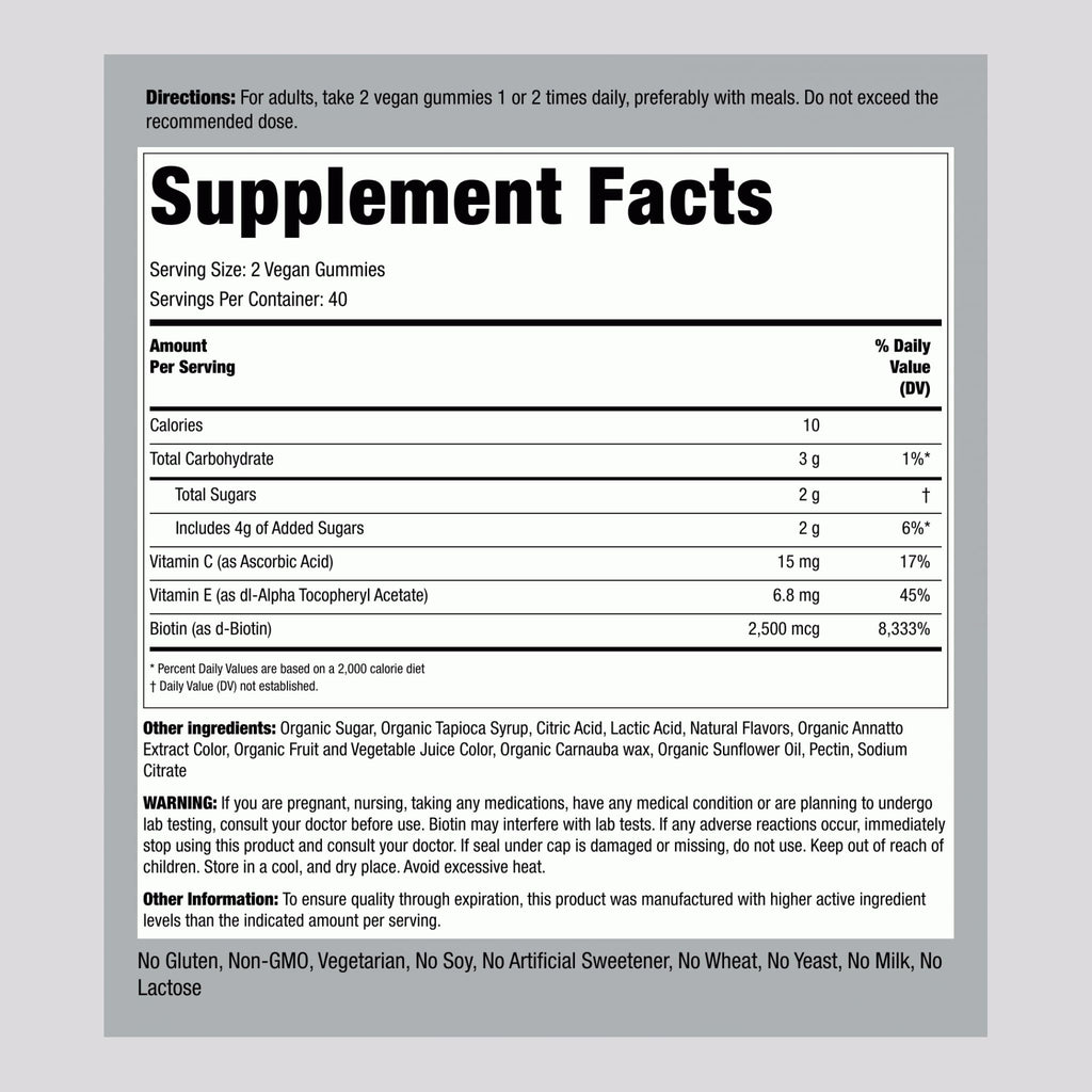 Piping Rock Hair Skin and Nails Vitamins with Biotin - 80 Gummies - image 2