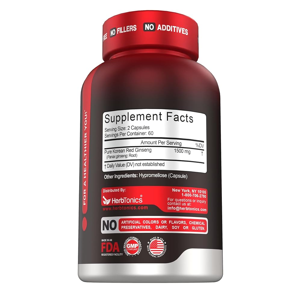 Herbtonics Korean Red Panax Ginseng 1500mg for Energy - 120 Vegan Capsules - image 2