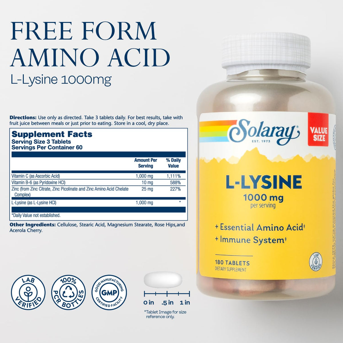 SOLARAY L-Lysine Immune Support - 180 Tablets - image 2