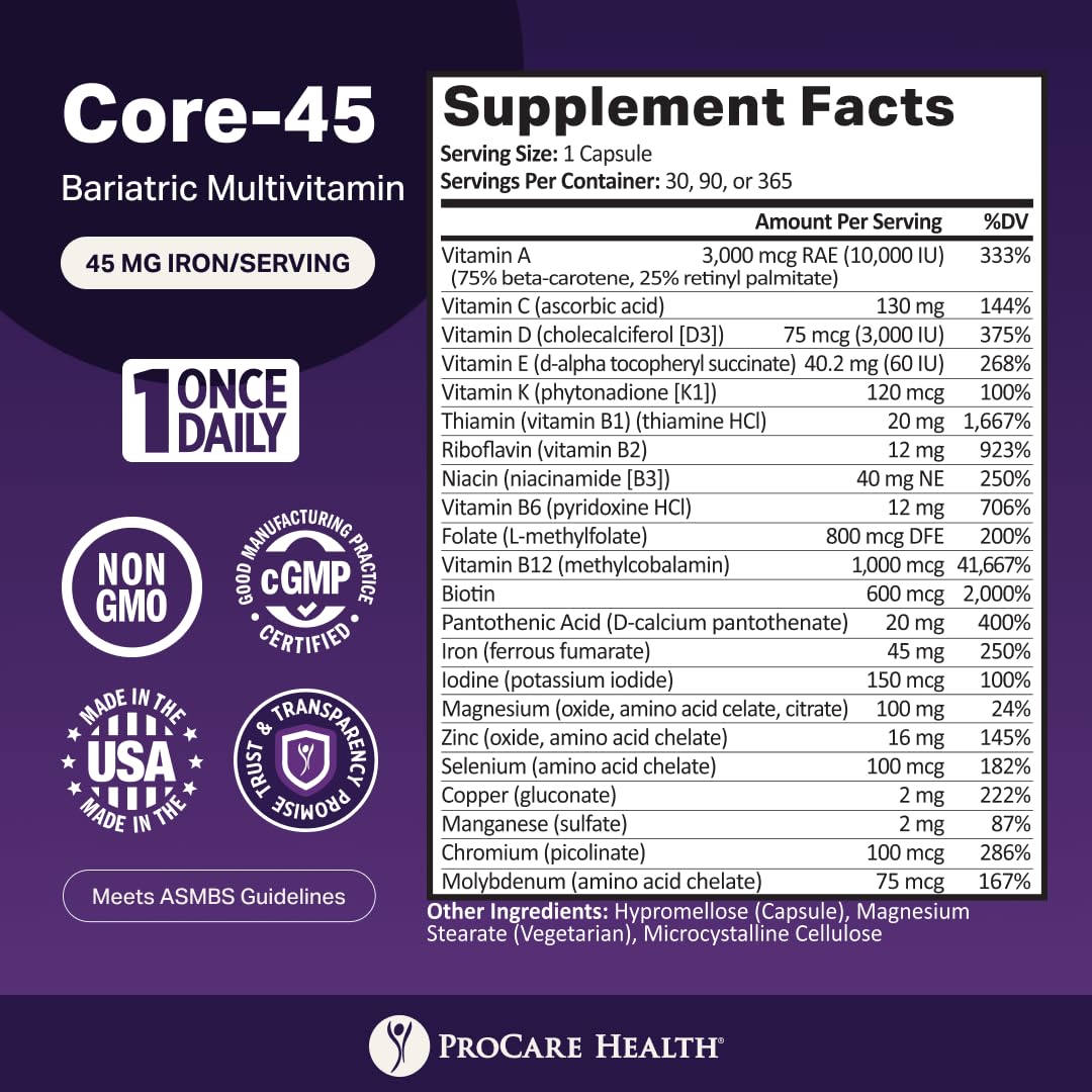 ProCare Health Core-45 Bariatric Multivitamin 45mg Iron - 90 Capsules - image 2