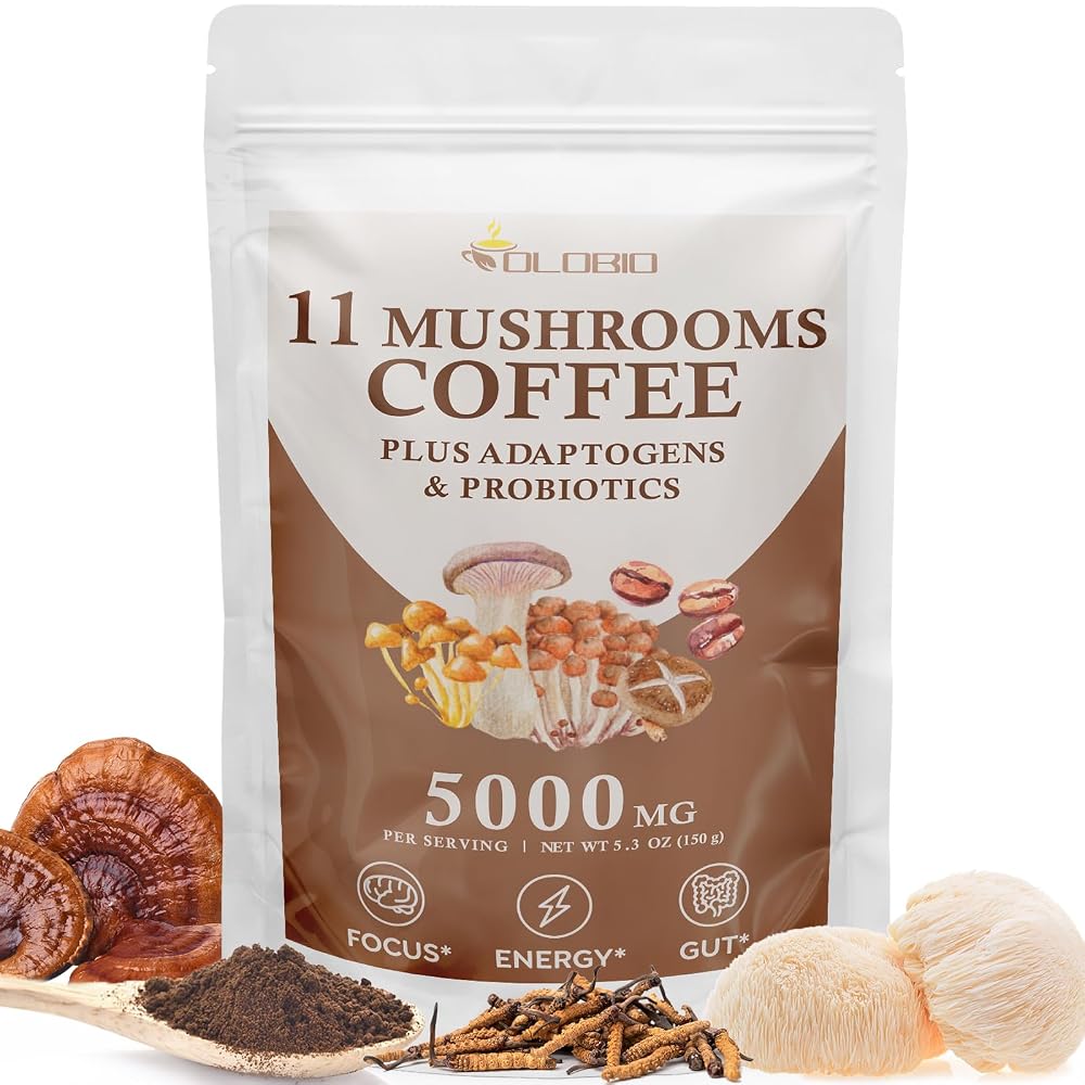 OLOBIO 11 Mushroom Coffee Powder for Focus & Energy - 5.3 oz