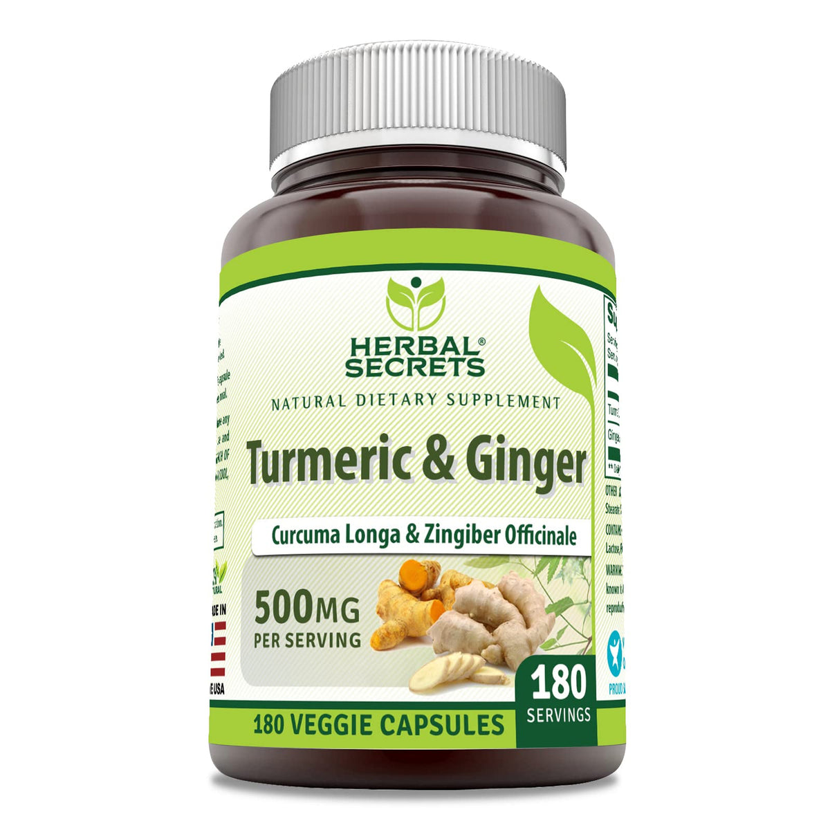 Herbal Secrets Turmeric & Ginger 500 mg Vegetarian Capsules - 180 Count