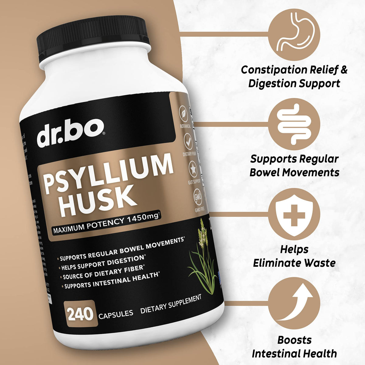 DR. BO Psyllium Husk Capsule Fiber Supplement - 240 Capsules - image 2