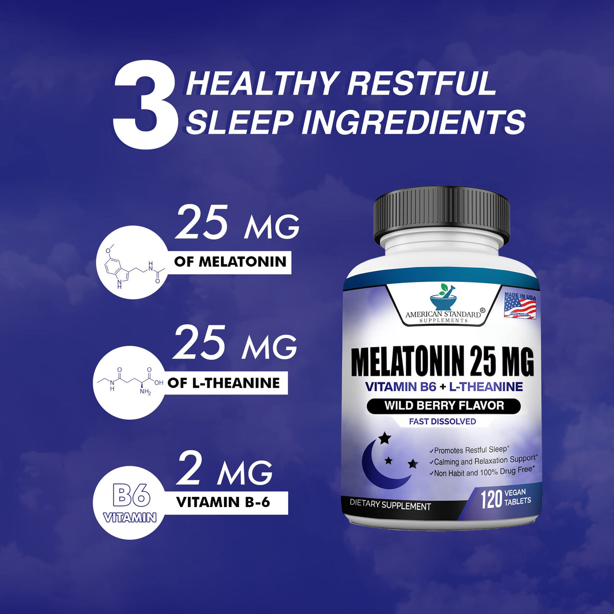 American Standard Supplements Melatonin 25mg Sleep Support - 120 Tablets - image 5