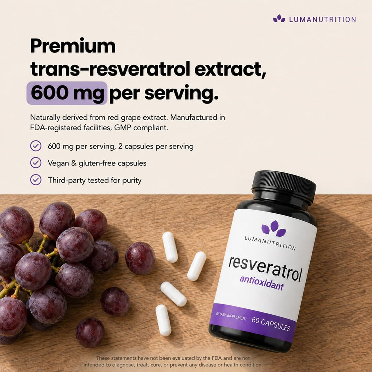 Luma Nutrition Pure Resveratrol 600mg Antioxidant - 60 Capsules - image 3