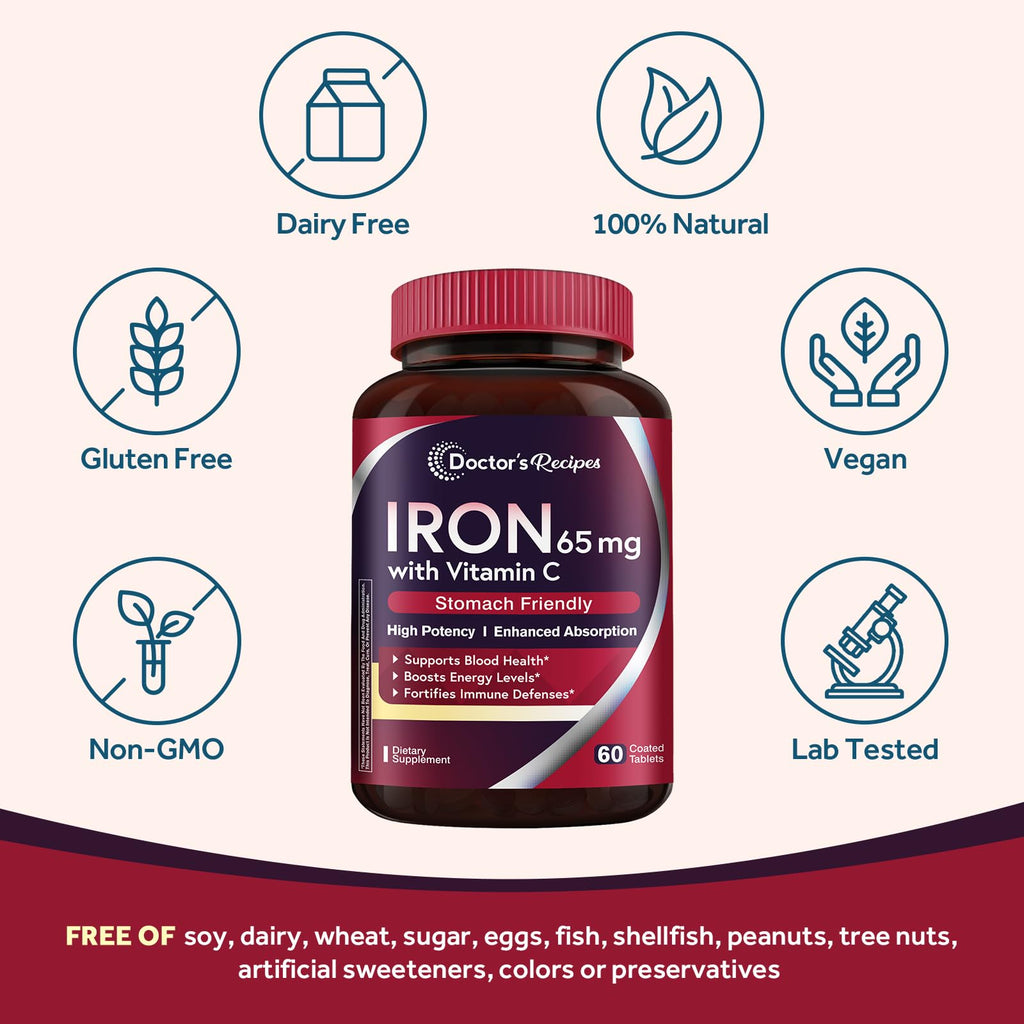 Doctor's Recipes Iron Supplement 65 mg with Vitamin C - 180 Tablets - image 4