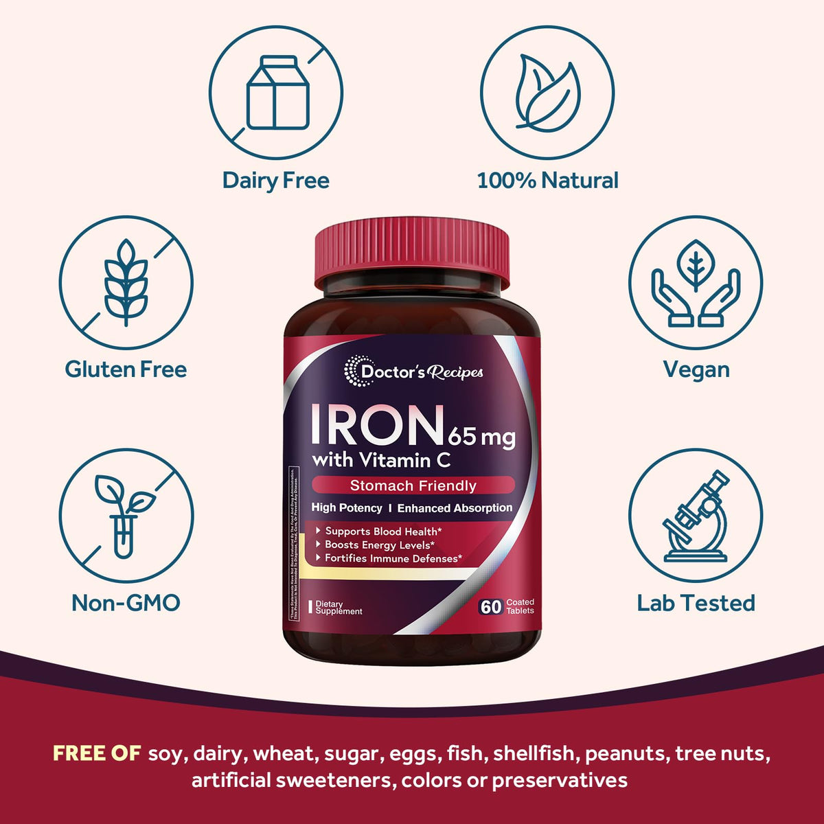Doctor's Recipes Iron Supplement 65 mg with Vitamin C - 180 Tablets - image 4