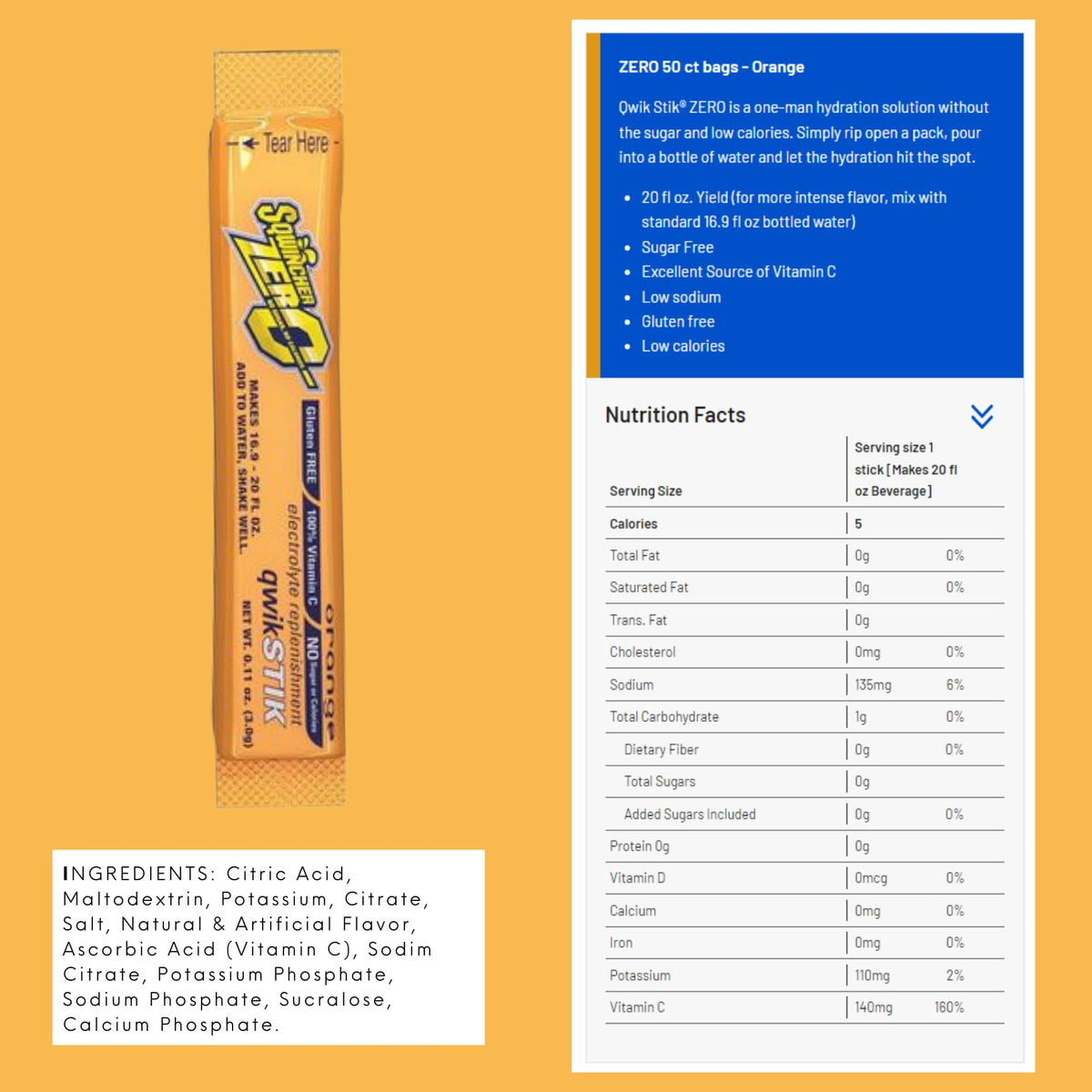 Sqwincher Zero Single Serve Qwik Stik Zero, 50 Sticks/Bag