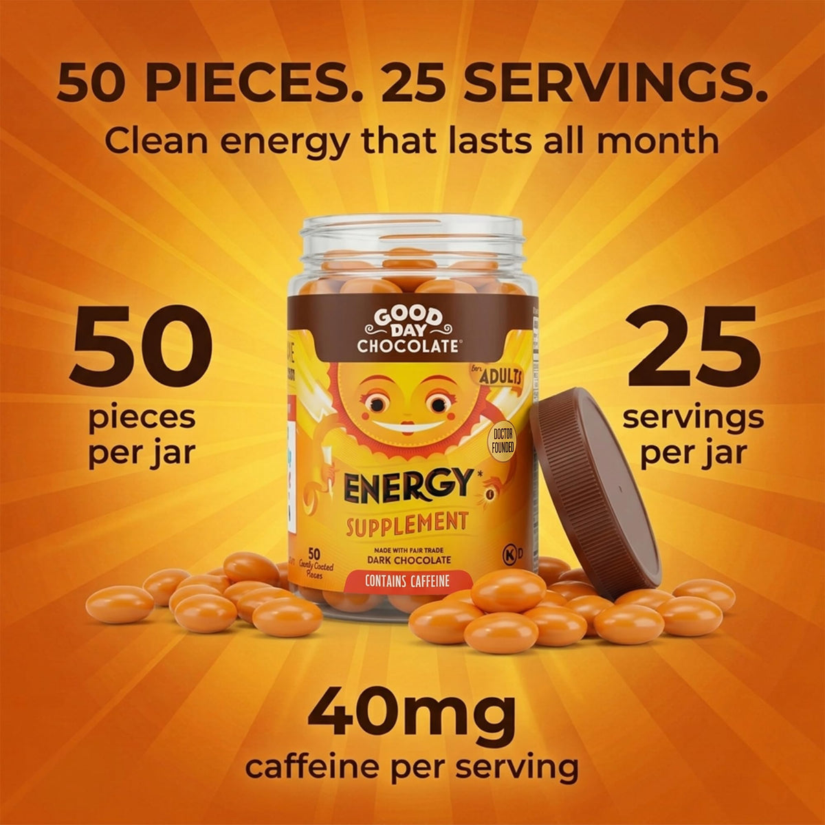 Good Day Chocolate Energy Supplements Caffeine Chocolate - 50 Count - image 5
