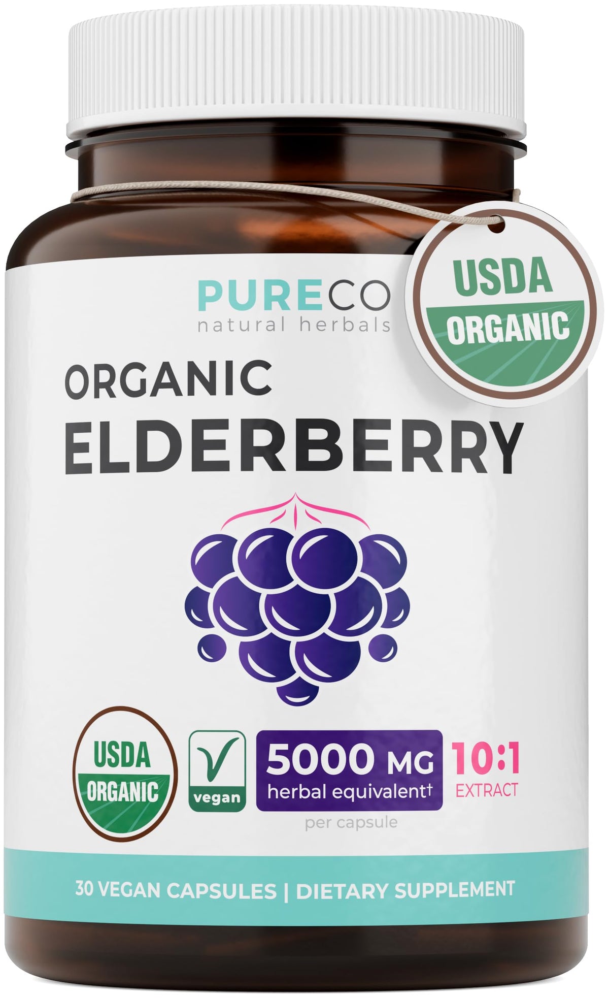 PURE CO Organic Elderberry 500mg Extract Capsules - 30 Count