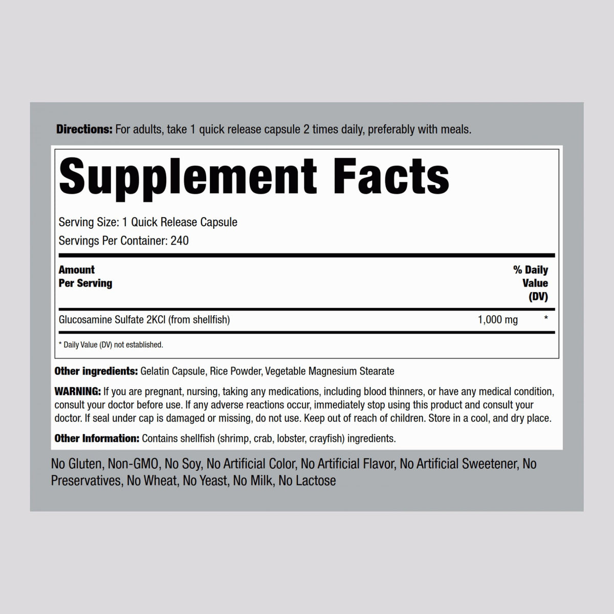 Piping Rock Glucosamine Sulfate 1000mg - 240 Capsules - image 2