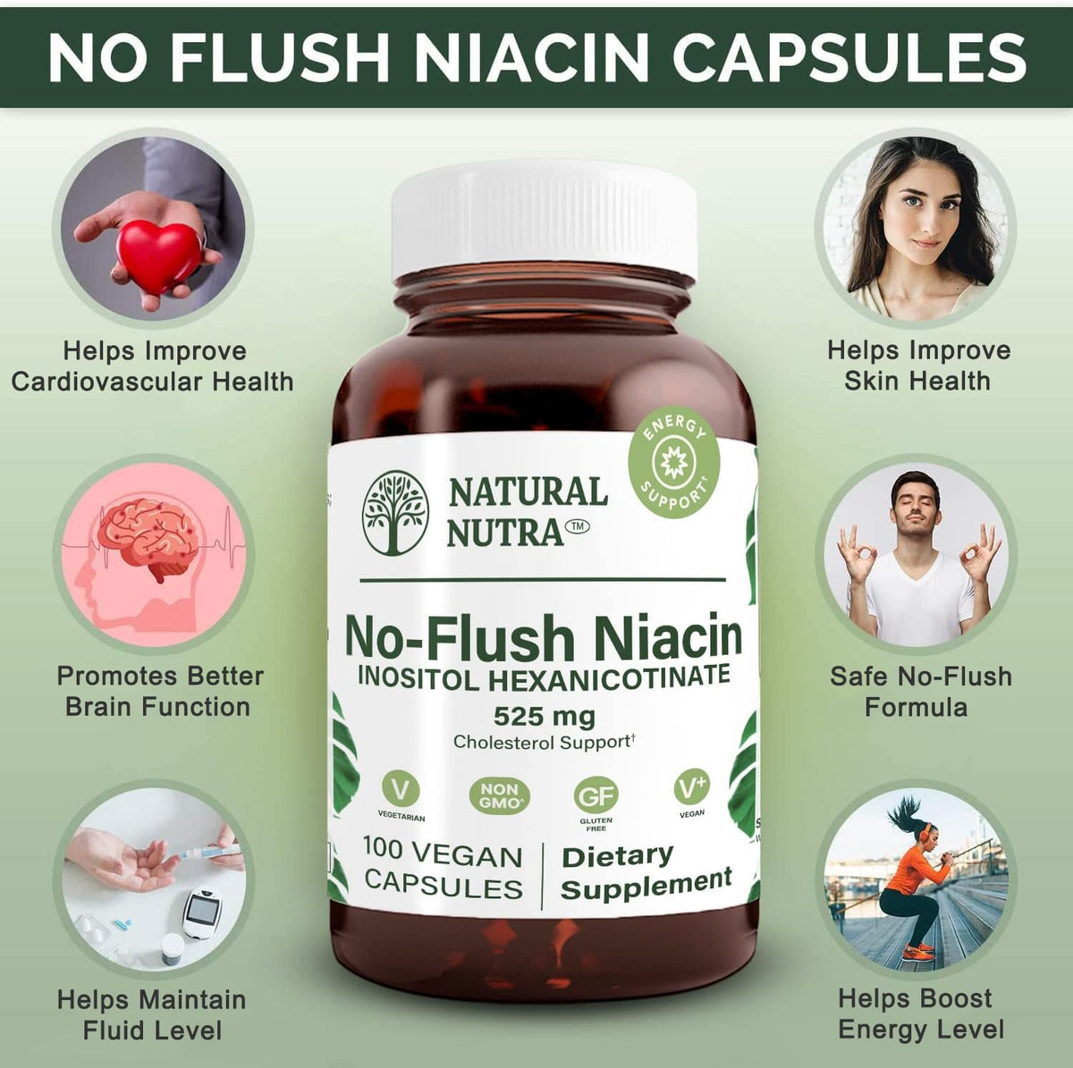Natural Nutra No Flush Niacin Vitamin B3 525 mg - 100 Capsules - image 3