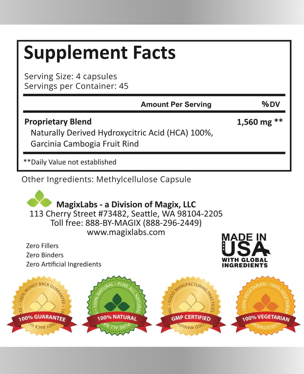 MagixLabs 100% HCA Garcinia Cambogia Extract - 180 Capsules - image 2