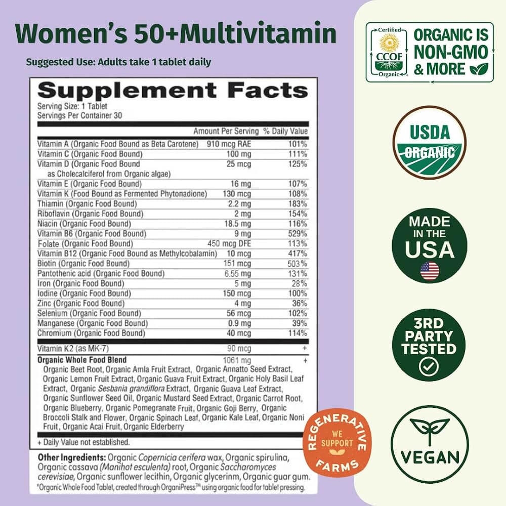 EarthFirst Organic Women's 50+ Multivitamin with Iron - 60 Tablets - image 2