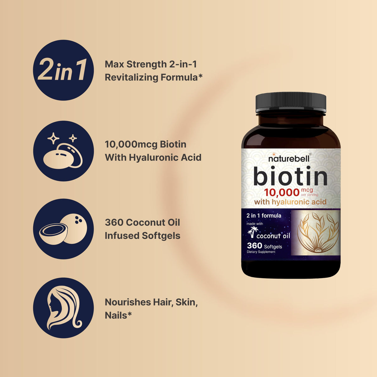 NatureBell Biotin 10000mcg with Hyaluronic Acid - 360 Softgels - image 3
