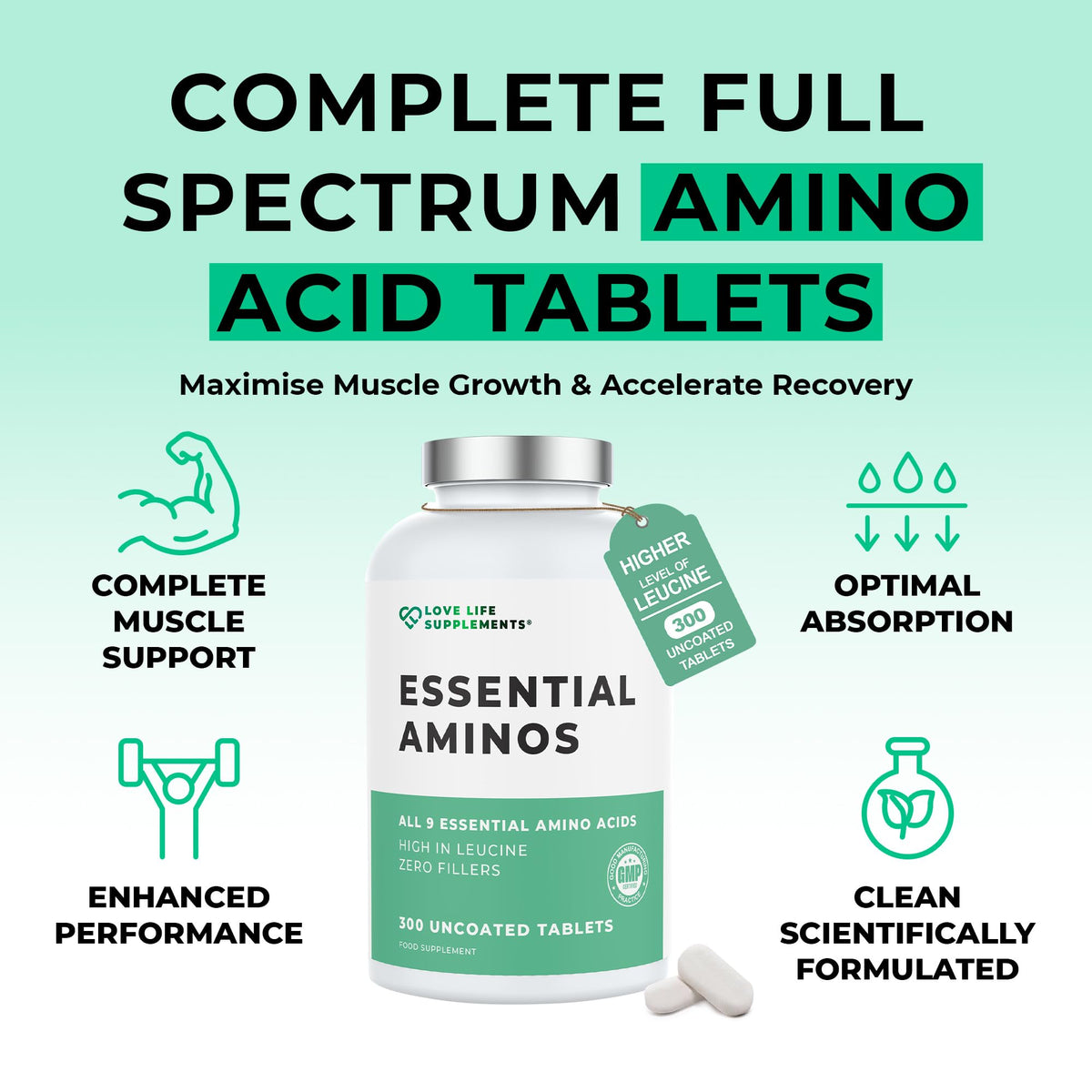 Love Life Supplements Essential Amino Acids EAA & BCAA Tablets - 300 Tablets - image 3
