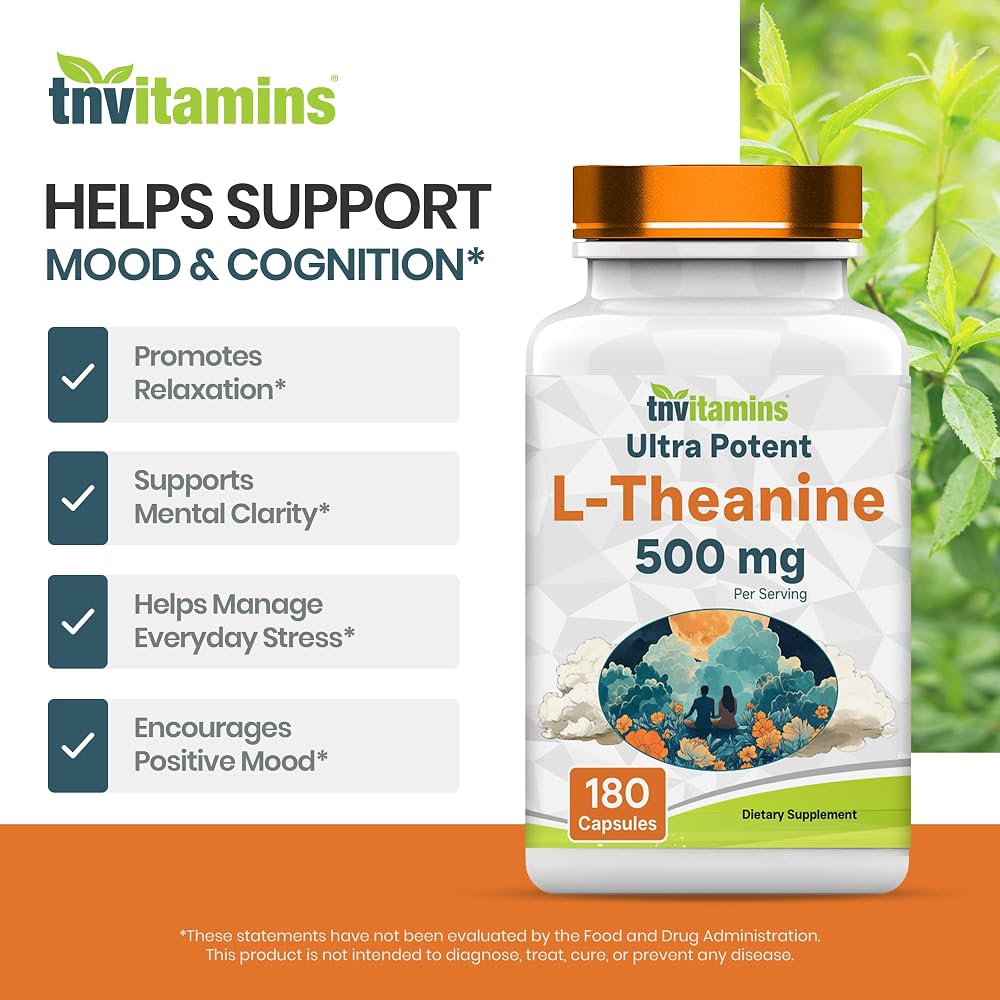 tnvitamins L-Theanine 500 mg Capsules for Calm Focus - 180 Capsules - image 4