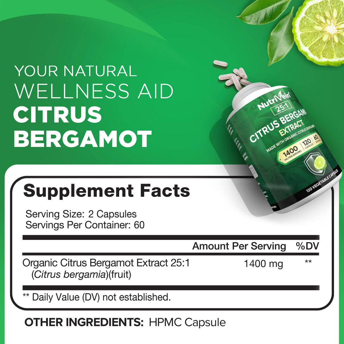 Nutrivein Citrus Bergamot Supplement 1400mg - 120 Capsules - image 2