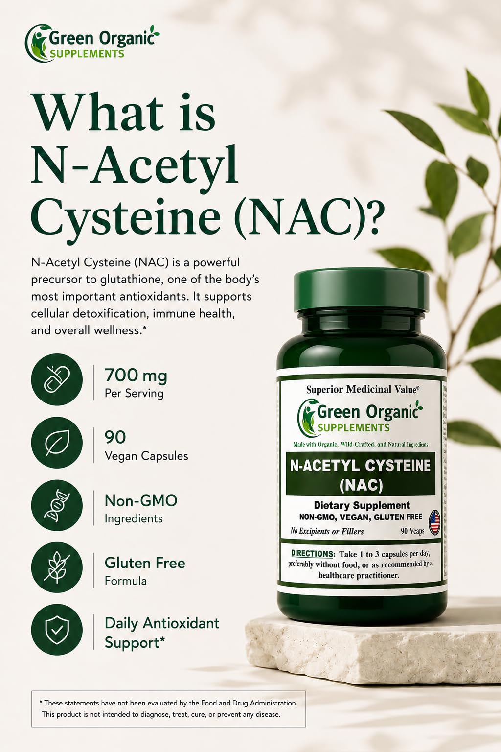 Green Organic Supplements NAC 700mg - 90 Vegan Capsules - image 2