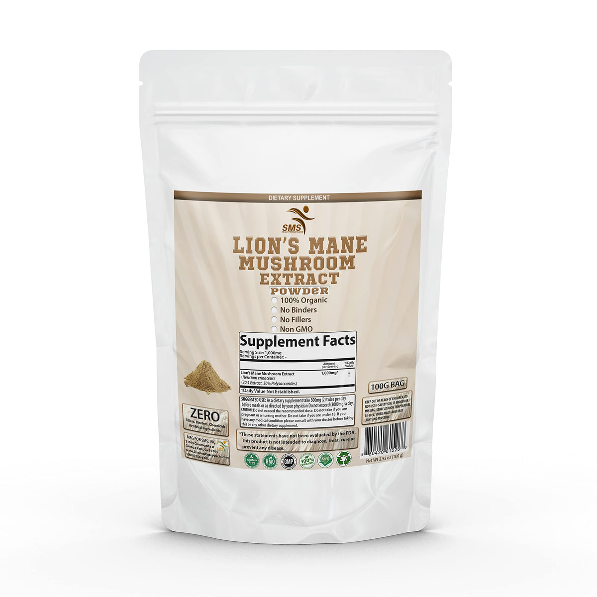 SMSHEALTHPRODUCTS.com Lion's Mane Mushroom Powder 50% Polysaccharides - 100G - image 5