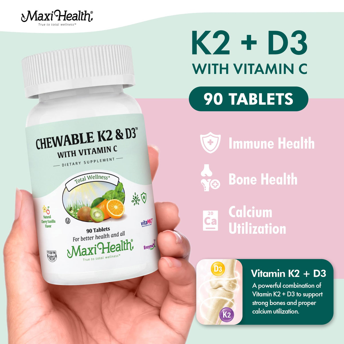 Maxi Health Vitamin D3 K2 2000 IU with 90 mcg K2 - 90 Chewables - image 2