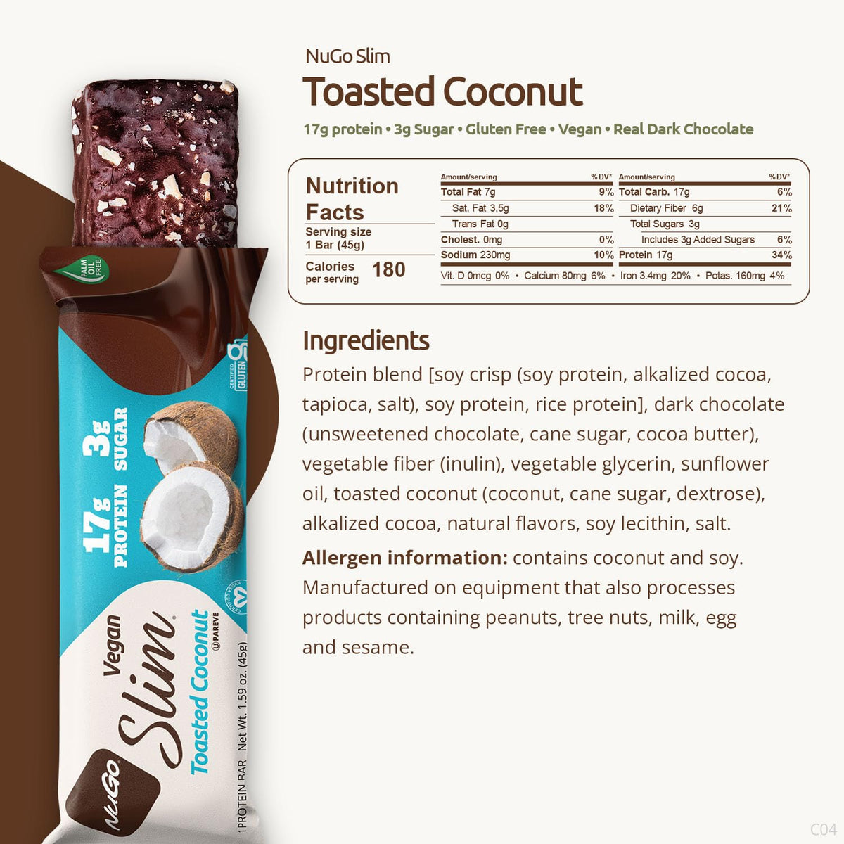 NuGo Slim Toasted Coconut Vegan Protein Bar 16g - 12 Count - image 2