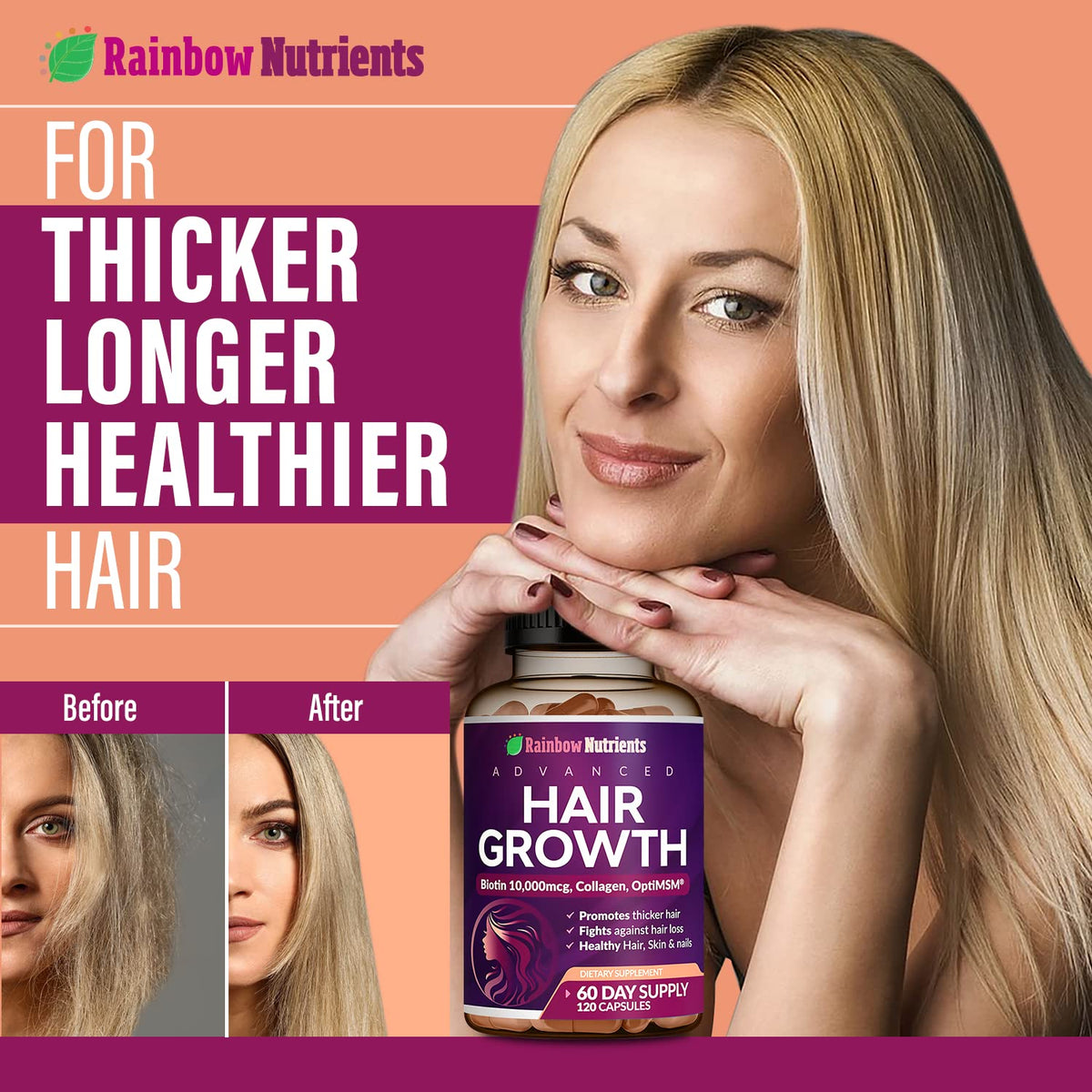 Rainbow Nutrients Hair Growth Vitamins for Women Biotin 10,000mcg - 120 Capsules - image 3