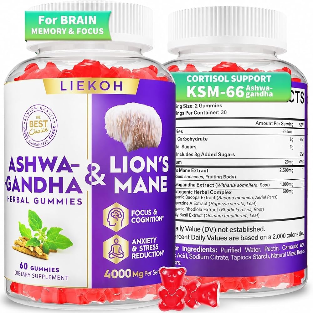 Liekoh Ashwagandha & Lion's Mane Gummies for Brain Health - 60 Count