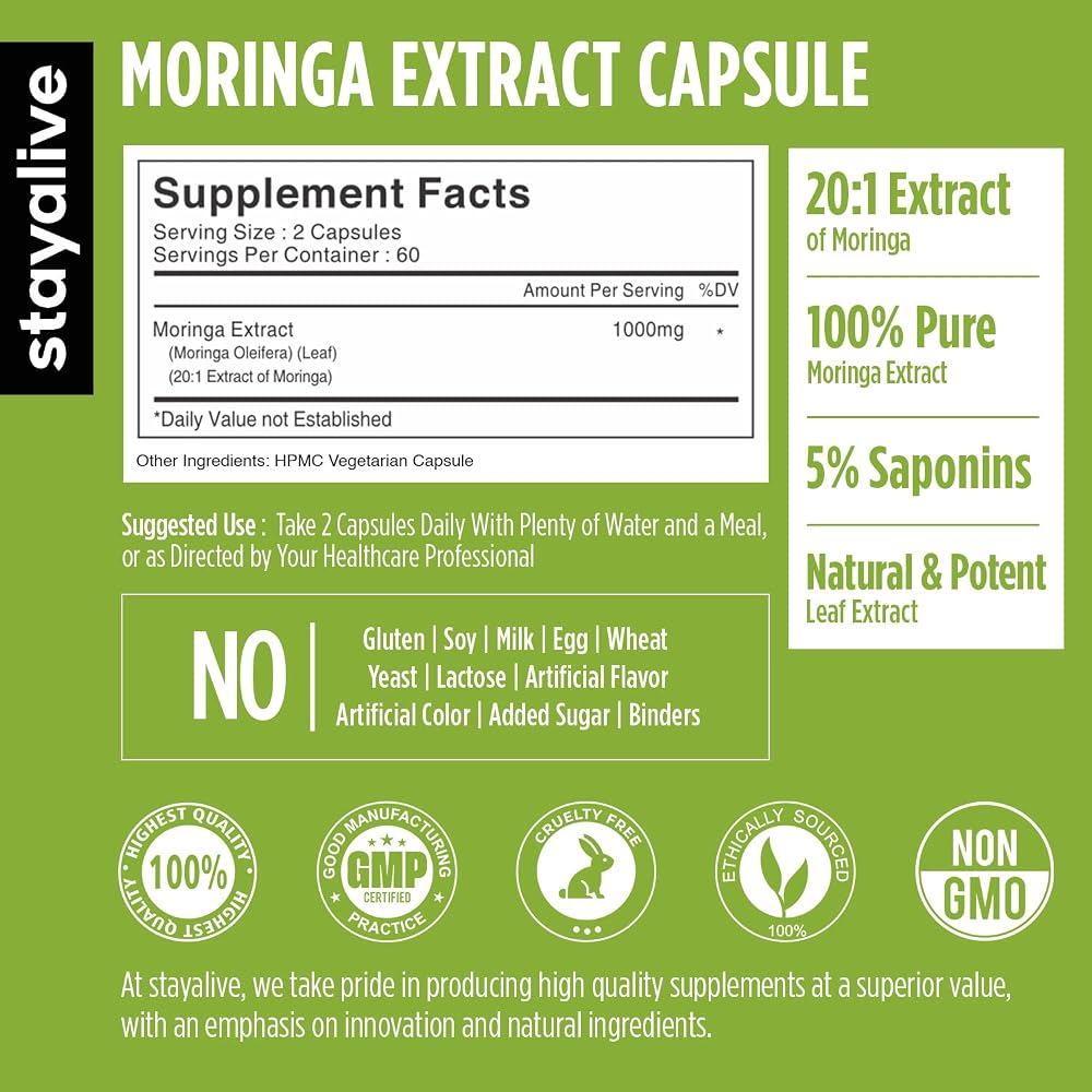 STAY ALIVE Moringa Capsules 1000mg 20:1 Extract - 120 Capsules - image 2