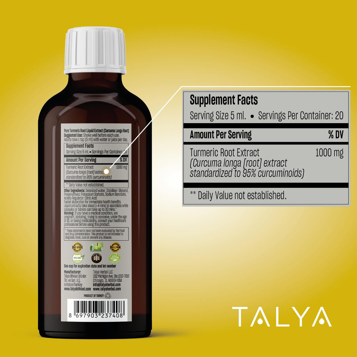 TALYA Turmeric Curcumin Liquid Extract 95% Curcuminoids - 3.4 fl oz - image 3
