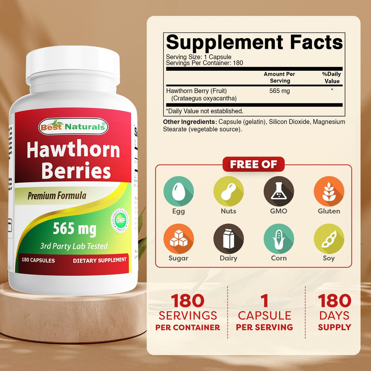 Best Naturals Hawthorn Berry 565 mg - 360 Capsules - image 2