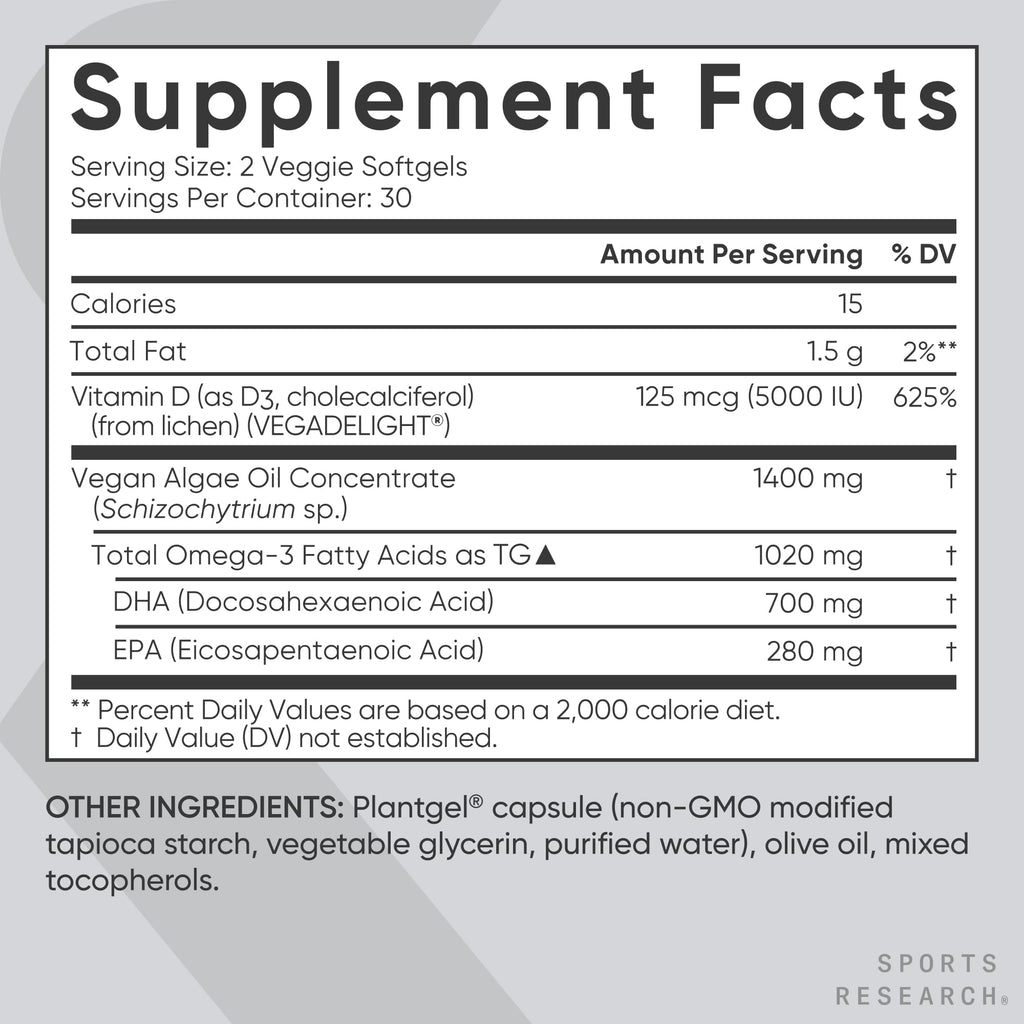Sports Research Vegan Omega-3 Algae Oil 1400mg with D3 5000IU - 60 Softgels - image 5